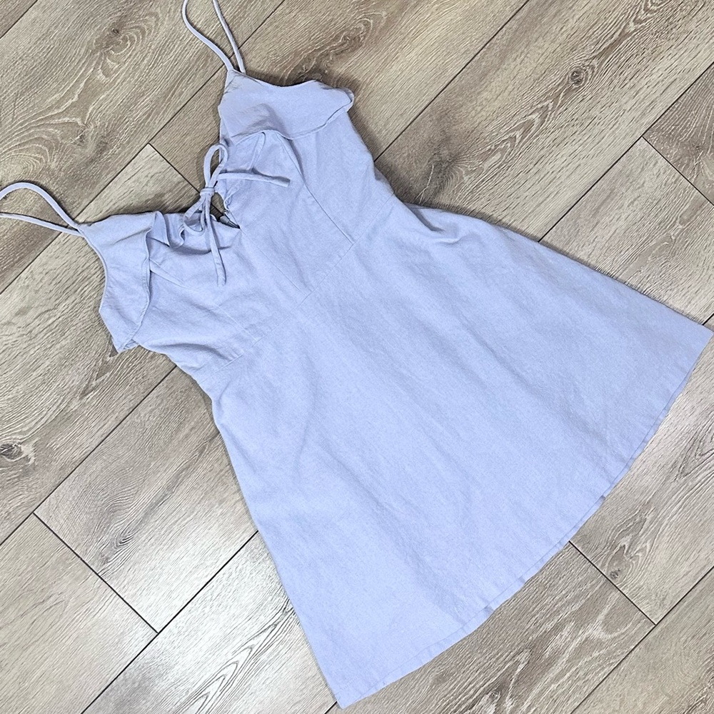 The Impeccable Pig Periwinkle Tie Front Linen Blend Mini Dress - Picture 2 of 11